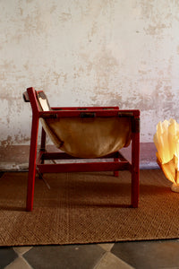 Leather design Safari Red Chair 60s, Wood & Linen